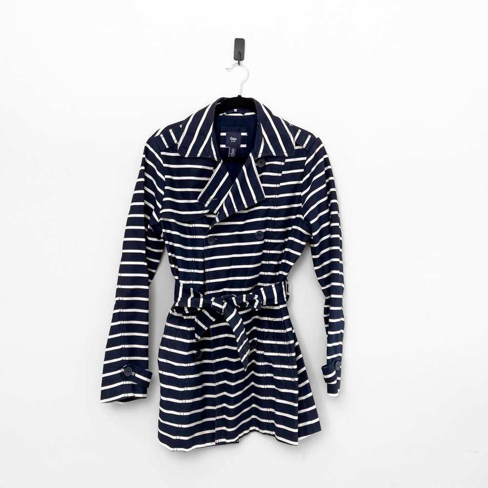 GAP - Navy Blue White Brenton Stripe Cotton Belted Pea Coat Jacket (M)